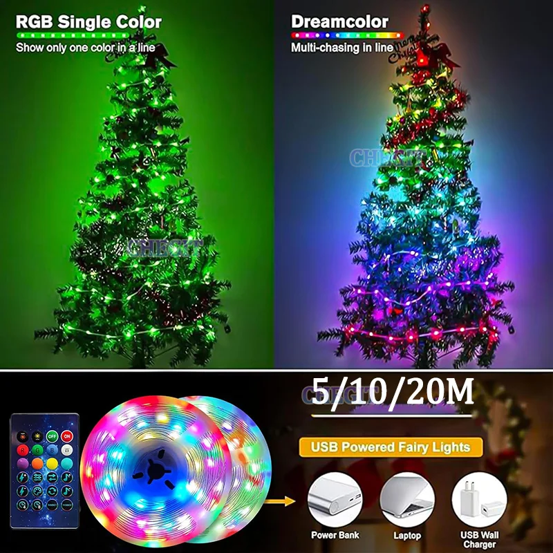 5/10/20M RGBIC USB 5V LED Sting Light Bluetooth Music APP Programmable DIY Fairy Lights Birthday Party Christmas Waterproof