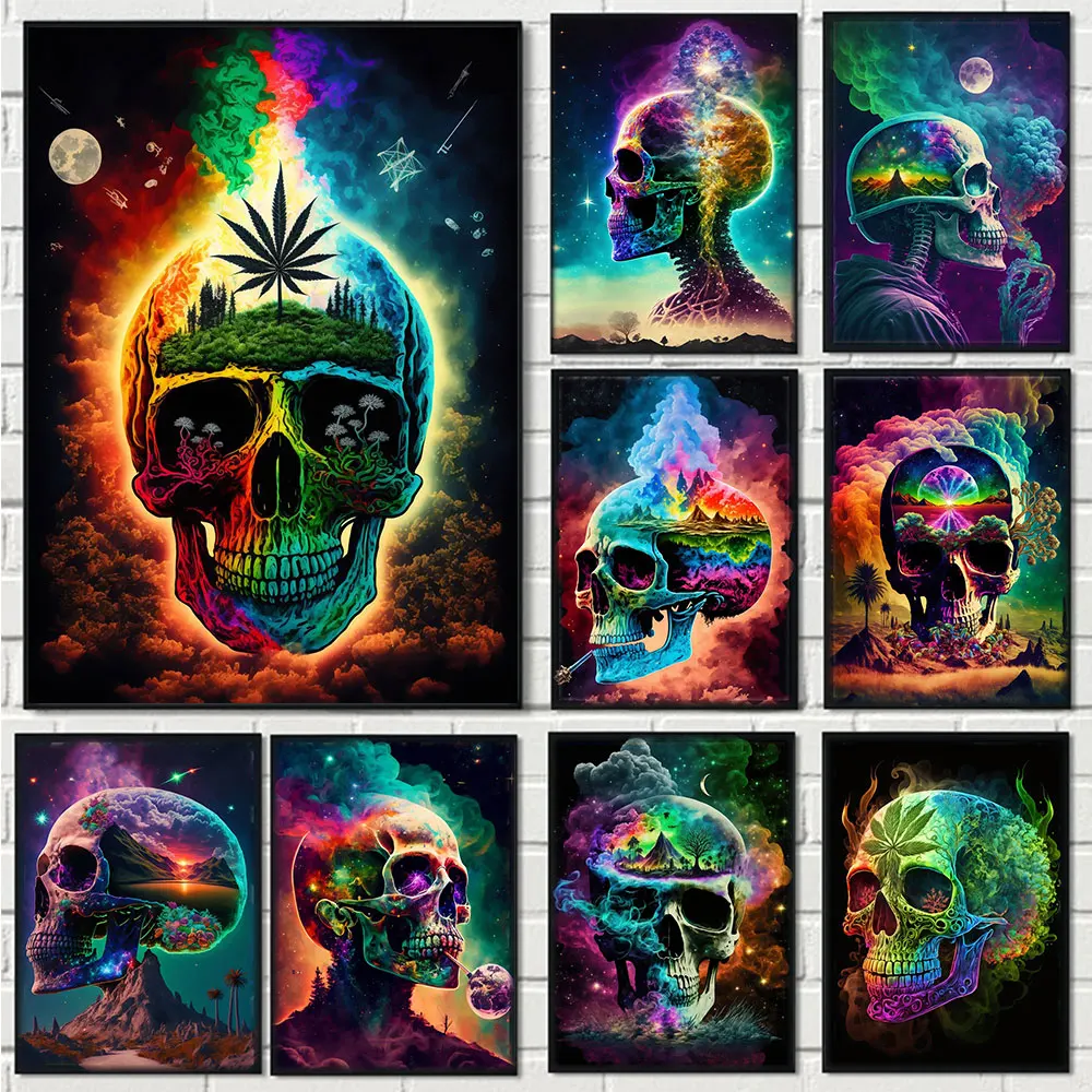 Abstract Weed Skull Posters and Print Flames Skull Canvas Painting Wall Art Pictures For Living Bedroom Room Home Decoration