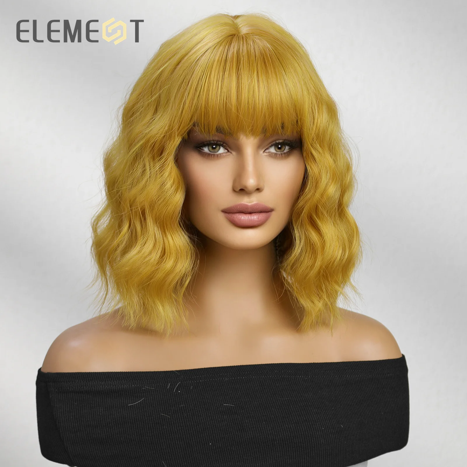 Element 여성용 짧은 바디 곱슬 합성 밥 가발, 앞머리 포함, 생강 노란색 머리 가발, 데일리 파티 코스프레, 내열성