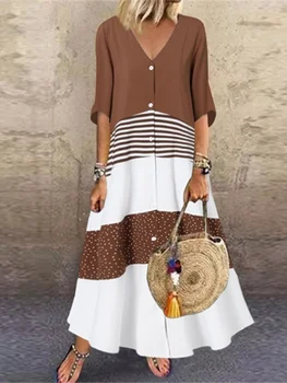 Color Blocked Printed Short Sleeved V-neck Button Up Women's Dress Street Versatile Artistic Retro Style Summer Dress 1