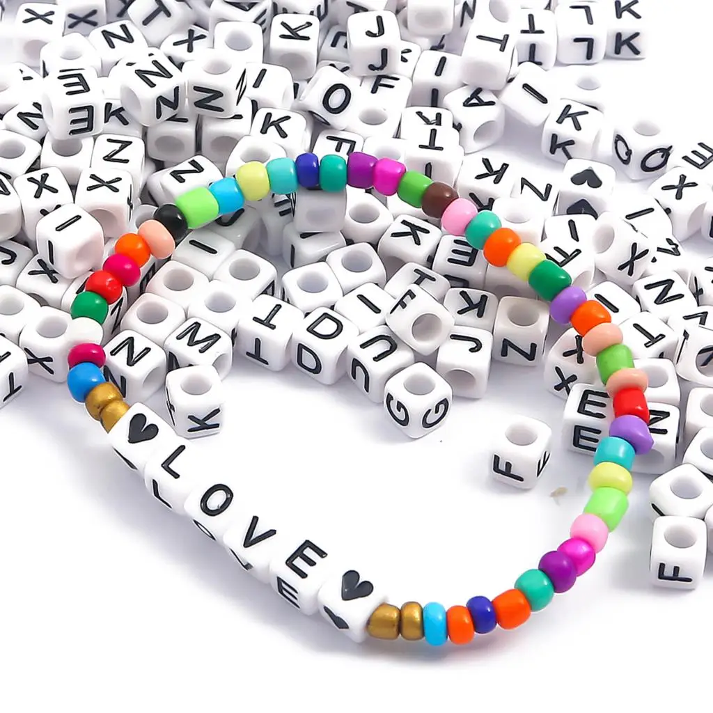 6x6mm Acrylic English Alphabet Letter Beads Kits, Stretch Cords for Name Bracelets, Jewelry Making, 1200Pcs per Box