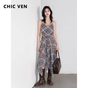 CHIC VEN Fashion Women Long Dresses Loose New Color Blocking Retro Plaid Pleated Female Camisole Dress Spring Summer 2026 1