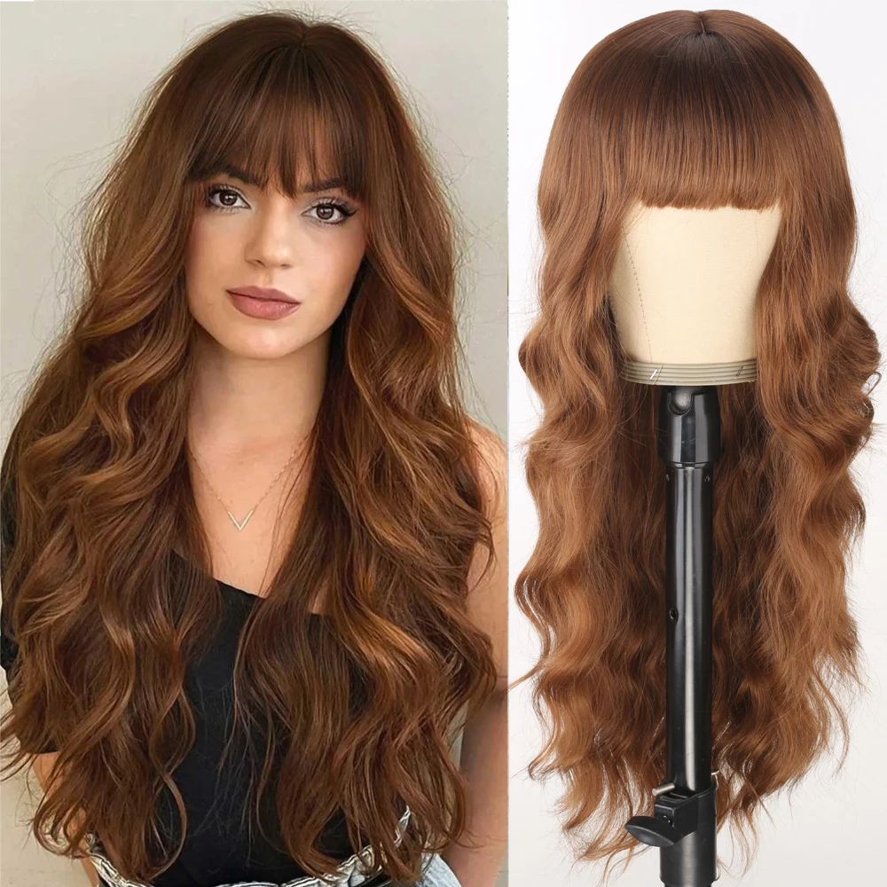 

Auburn Wig with Bangs Long Wavy Ginger Wig Natural Looking Heat Resistant Synthetic Curly Full Wigs for Women Daily Use