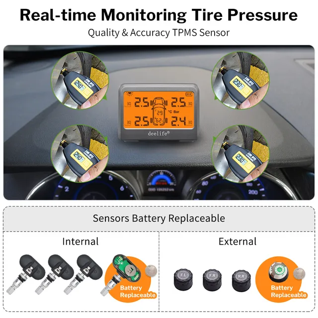 Deelife TPMS Solar Tyre Pressure Monitoring Control System with 4 Wheel Tire Sensor for Car TMPS - Image 2