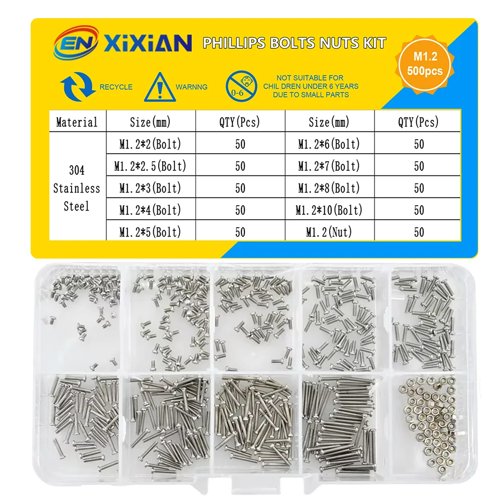 Stainless Steel Screws Screw Bolt Nut Set Screw Washer Nut Kit Small Screws Stainless Steel Glasses Watch Screw Nuts Set M1 M1.2 M1.4 M1.6 Phillips Cross Round Head Motherboard PCB Bolts Kit