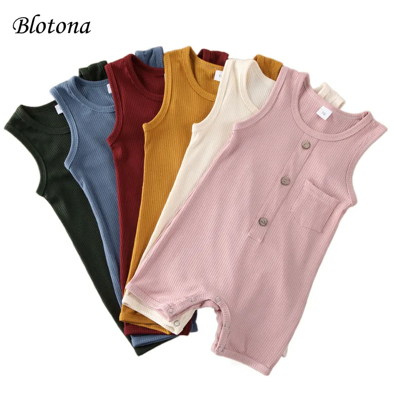 

Blotona Infant Baby Girls Boys Romper Newborn Summer Solid Color Sleeveless Crew Neck Buttons Pocket Jumpsuits 0-24Months