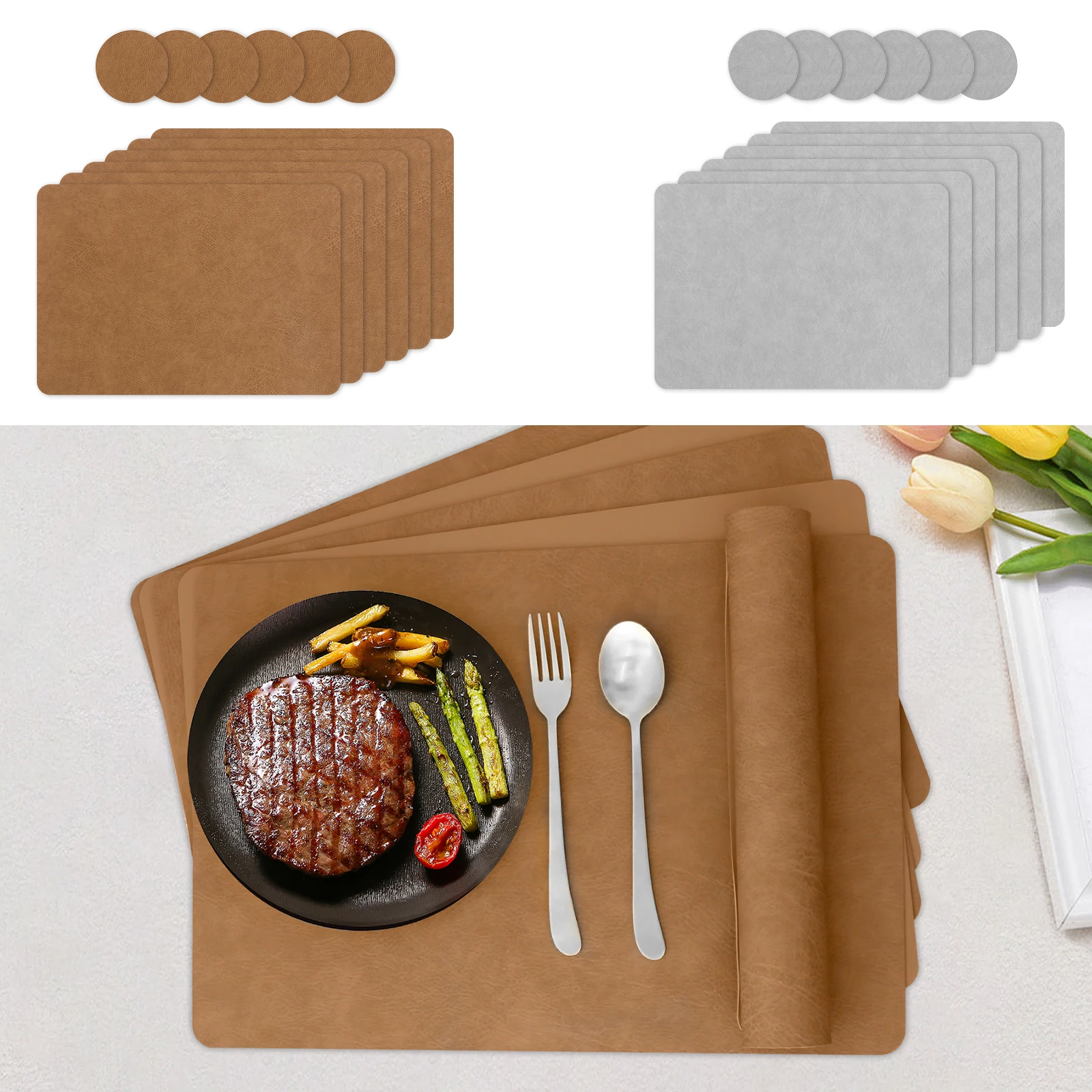 12Pcs Double Layer PVC Leather Table Mat Oil Resistant Dinner Mat Thermal Insulation PVC Leather Placemat Anti Scald for Home