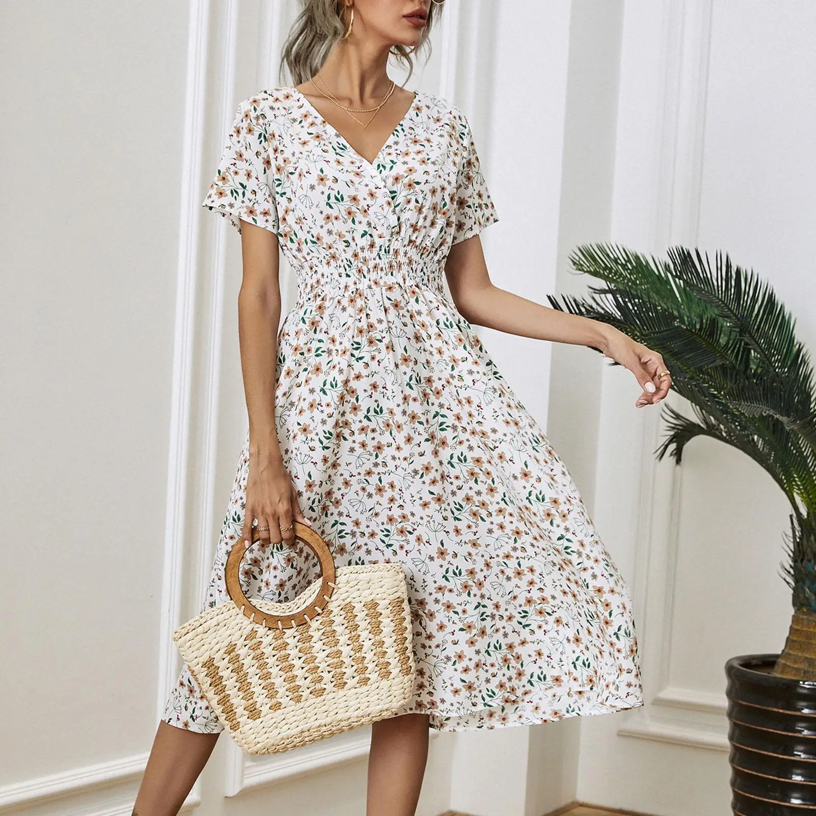 

Women's Fashion Clothes A-Line Casual Summer Dress Wide Ladies Floral Print Beach Dress for Women