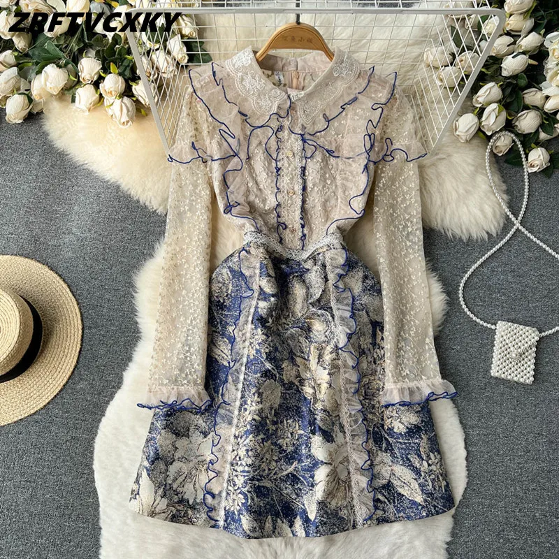 

Elegant Fashion Ruffles Lace Stitching Jacquard A-Line Dress 2023 Spring Vintage Long Sleeve Lapel Collar Mini Vestidos