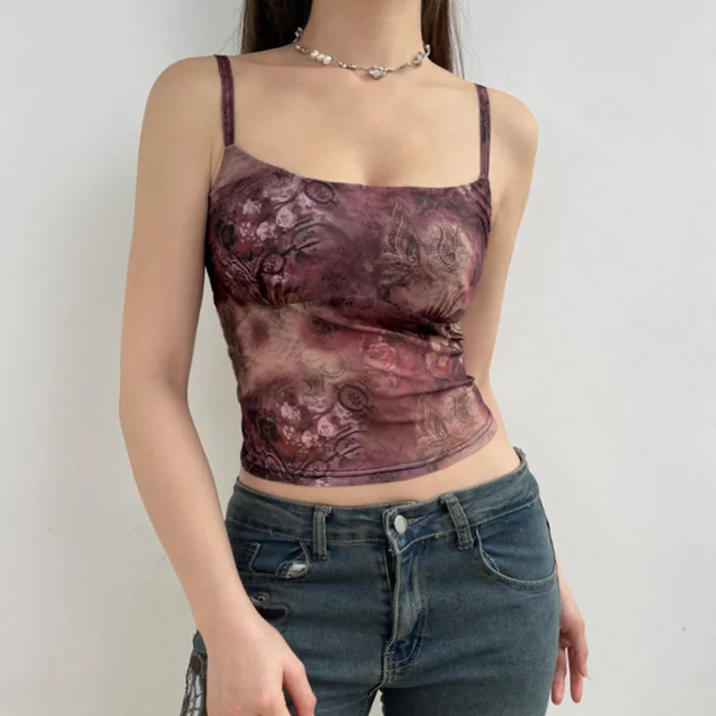 Red Vintage Floral Print Y2K Cami Top Women Aesthetic Cute 2000s Camisole  Sleeveless Slim Cropped Summer Vest Tops - AliExpress