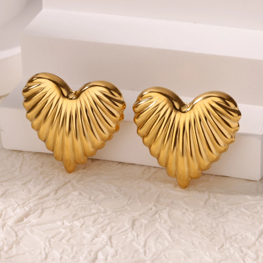Stainless Steel Heart Stripe Chunky Stud Earrings for Women