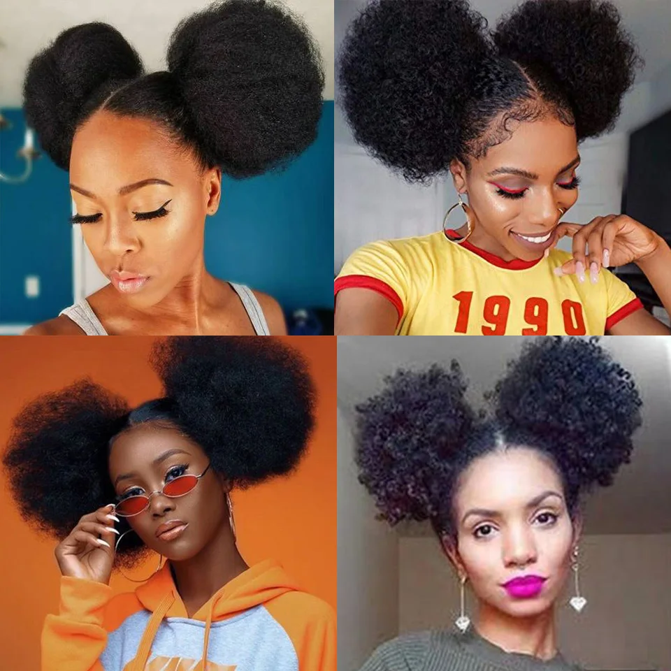 6inch Afro Puff Hair Bun Short Afro Kinky Curly Drawstring Ponytail Human Hair Clip In Extensions Short Chignon Hairpiece