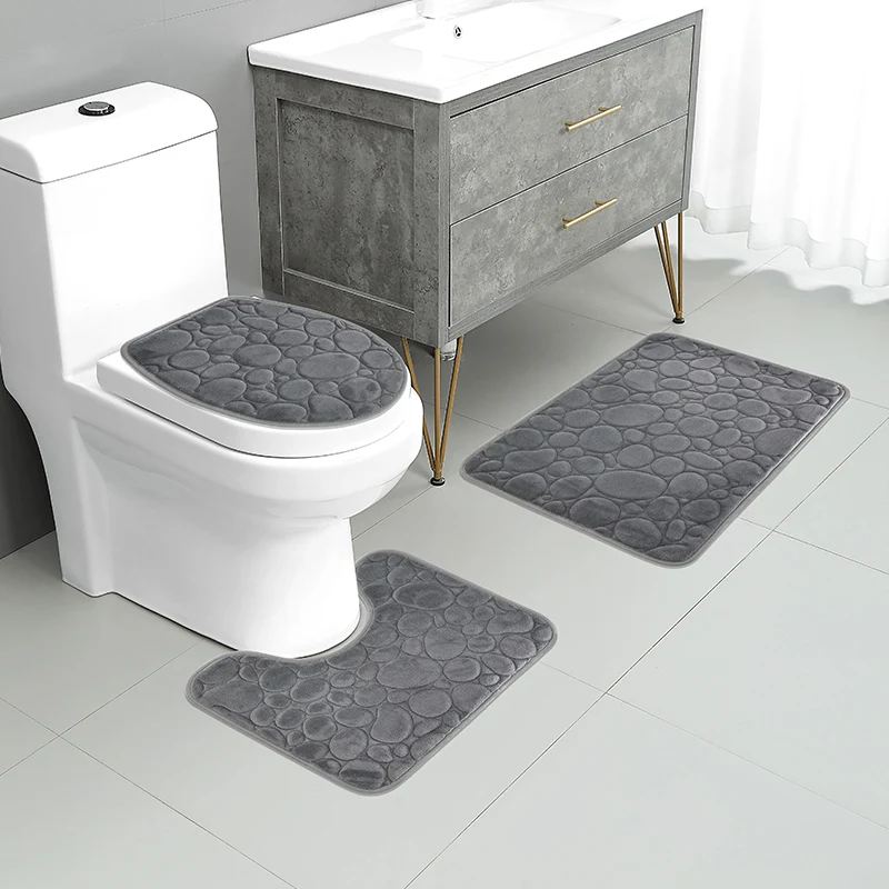 Solid Color Stone Pattern Bathroom Mat Set 3