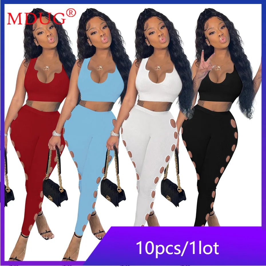 10sets Bulk Items Wholesale Lots 2 Piece Set Women Tracksuit Sexy Sleeveless Vest Hollow Out Pants Outfits M9097 |