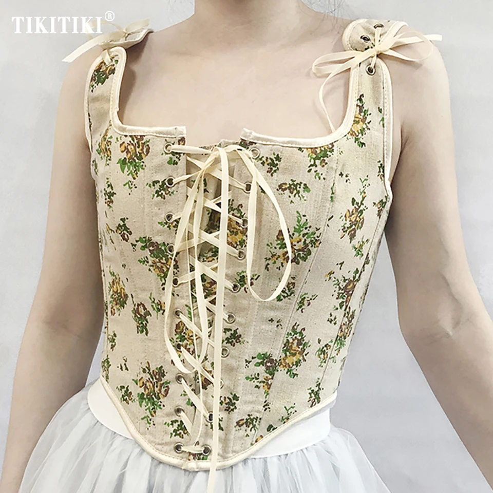 Womens Bustier Corset Elegant Sweet French Floral Print Lace Up Corset Top Crop Plus Size Vintage Overbust Bridal