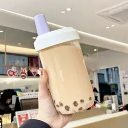 Cute Pearl Milk Tea Straw Water Bottle with Cup Cover - Drop - proof Large Capacity Drinkware (500/850ml) - 500 - 850ml (500ml purple)