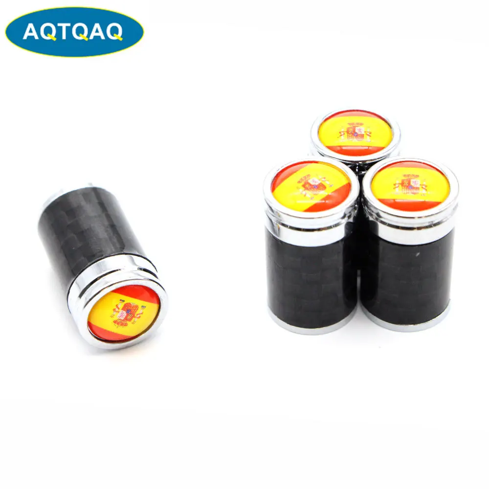 Aqtqaq 4 Pcs/set Copper + Carbon Fiber Spain Flag Style Tire Valve Stem Cap Tire Wheel Stem Air