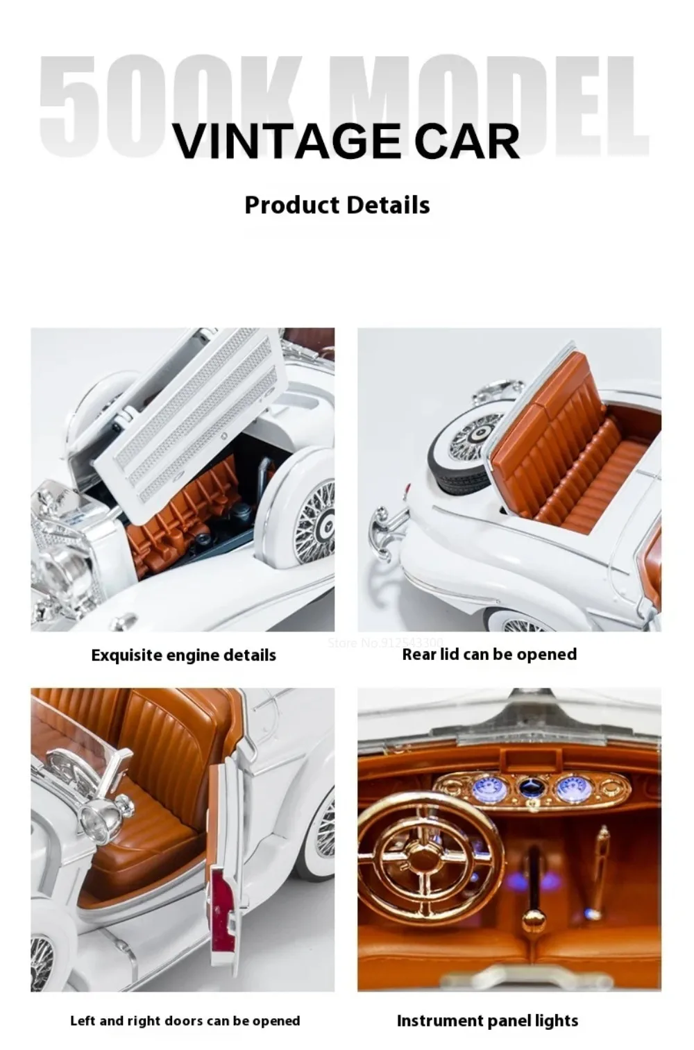 Large Scale 1:18 Benz 500K Classic Car Model Toy Shock Absorption Music Light Doors Opened Retro Vehicle Models Ornaments Gifts