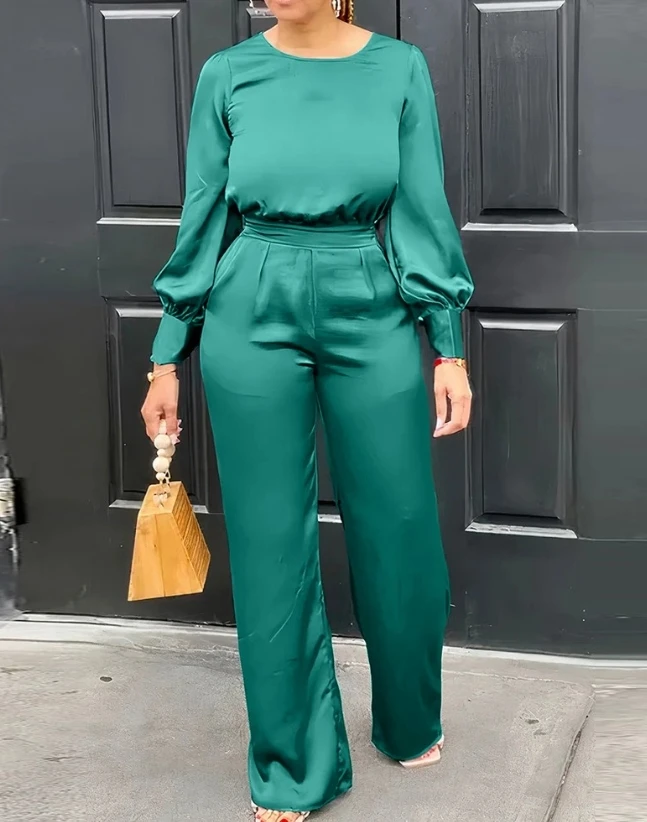 Two Piece Set Women Outfit 2023 Spring Round Neck Lantern Sleeve Ruched Long Sleeve Top & Casual High Waist Wide Leg Pants Set