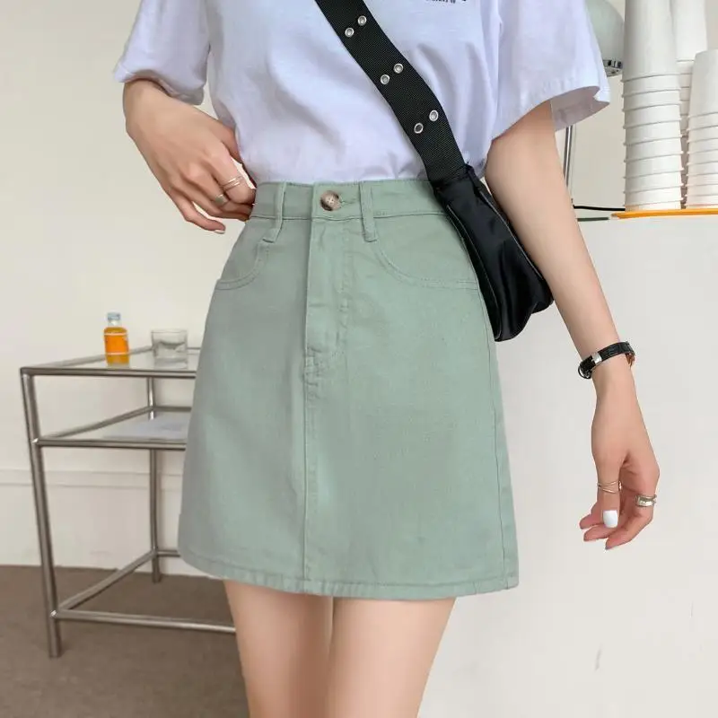 Ailegogo New Summer Women High Waist A-line Light Green Short Denim Skirt Casual Female Solid Color Basic Short Jeans Skirts mini skirts for women