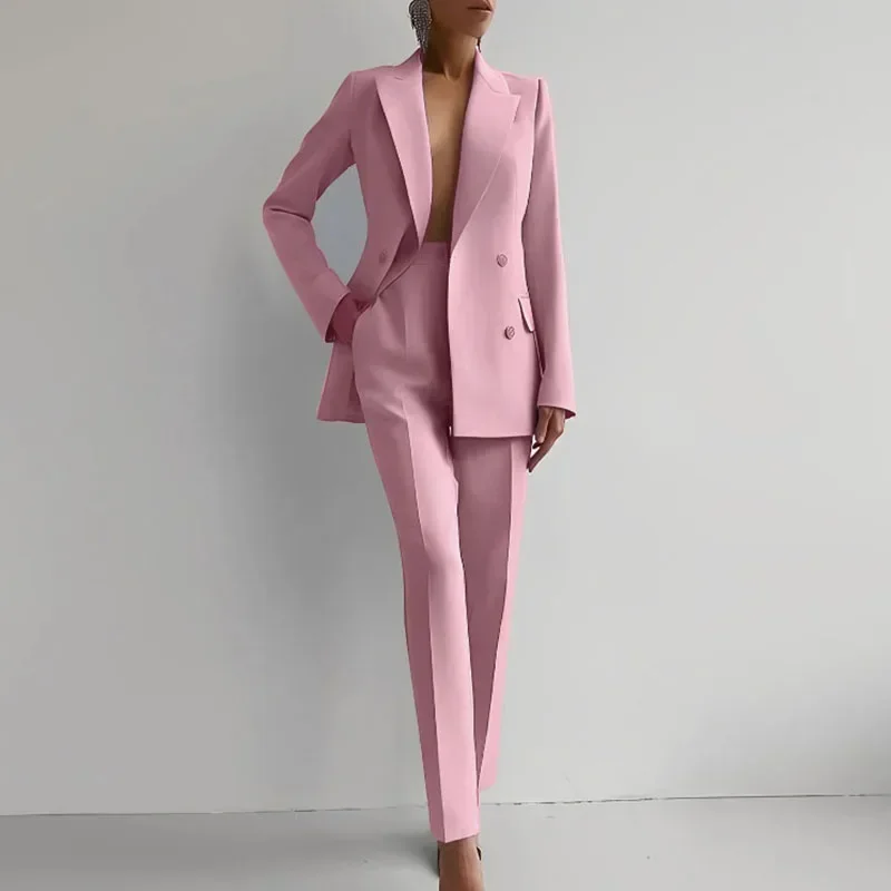 

Elegant Commuter Career Outfits Fashion Lapel Collar Button Blazer & Pencil Pants Sets Women Casual Long Sleeve Solid 2Pc Suits