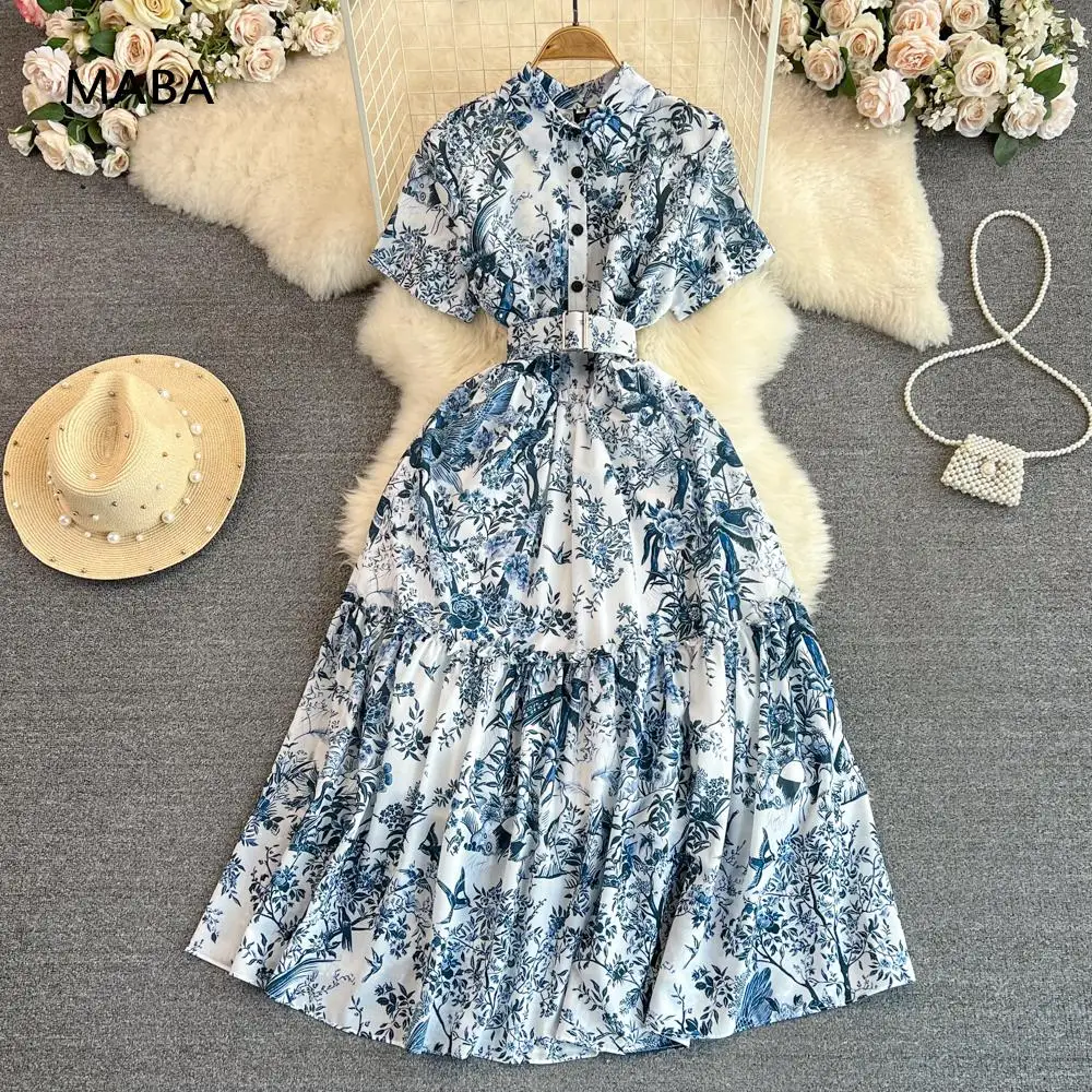 

Summer Vintage Ink Painting Shirt Dress Women Elegant Temperament Belt Button Print Short Sleeve Long Dress Vestido Midi Robes