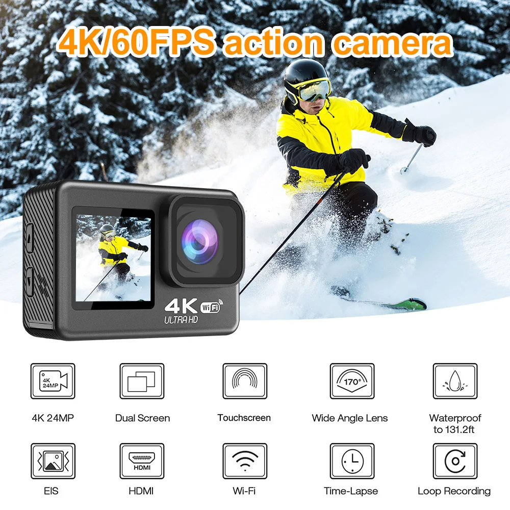 Экшн-камера с сенсорным ЖК-дисплеем, Wi-Fi, 30 м