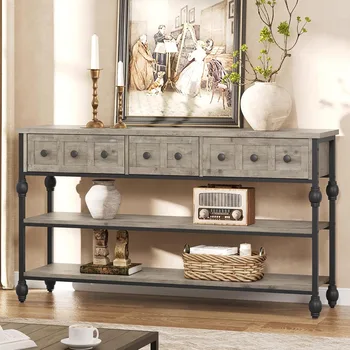 52" Console Table – Entryway Table with 3 Storage Drawers & 3-Tier Industrial Metal Frame 1