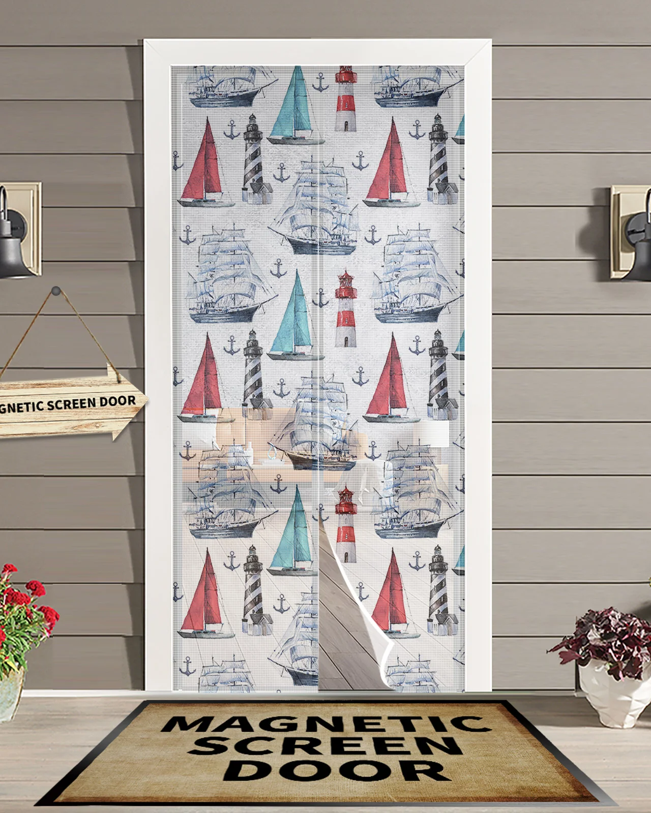 

Summer Ocean Sailing Lighthouse Magnetic Mosquito Net Summer Anti Bug Fly Door Curtains Kitchen Screen Door Mesh