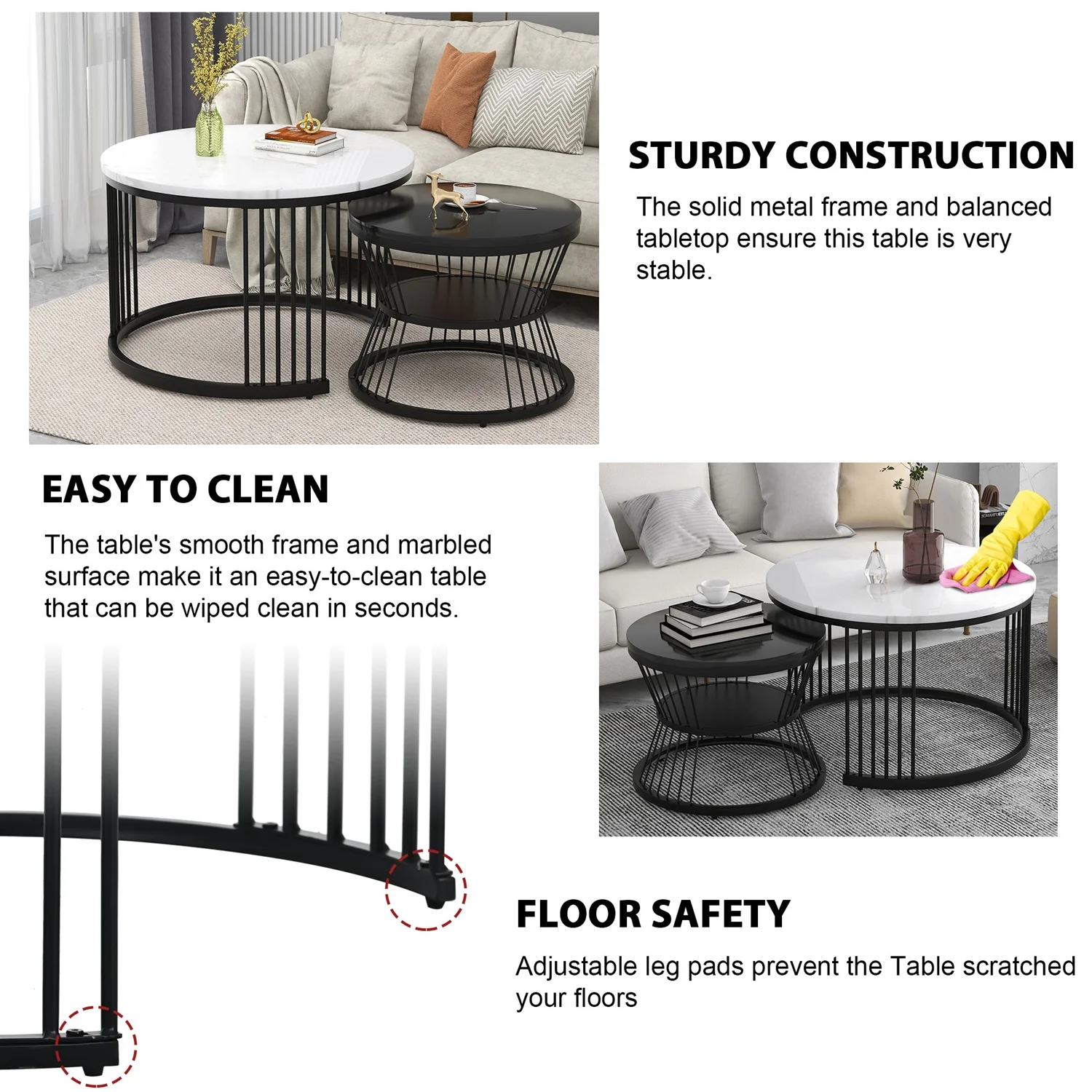2pcs Modern Coffee Tables Round Nesting Tables Side Table Marbled Industrial Style Furnitures for Living Room, 70x70x45cm – Detail 6