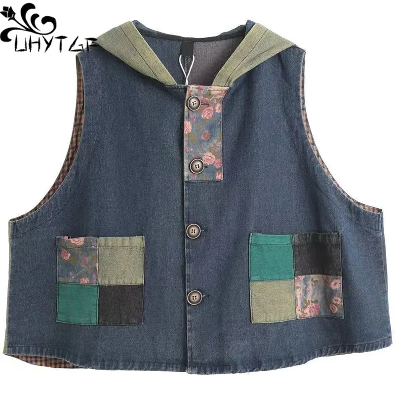 

UHYTGF Spring Autumn Denim Vest Women Vintage Old Hooded Print Splicing Jeans Jacket Female Sleeveless Large Size Waistcoat 2567
