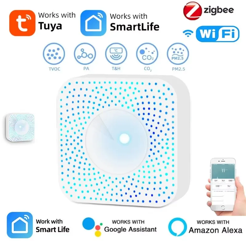 เครื่องตรวจคุณภาพอากาศ Tuya ZigBee/WiFi ตรวจจับ PM2.5 ฟอร์มาลดีไฮด์ VOC CO2 อุณหภูมิ ความชื้น 6in1 กล่องตรวจวัดคุณภาพอากาศอัจฉริยะ ผ่าน Alexa และ Google 1