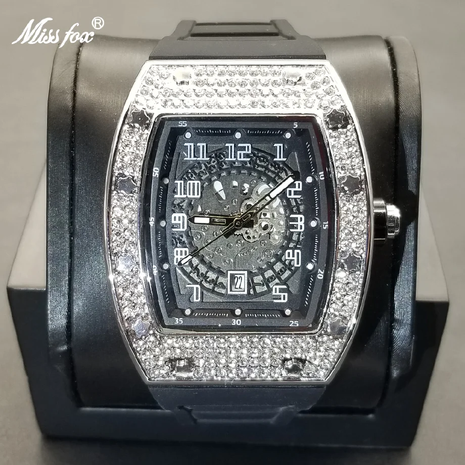 

BEST 2021 New Arrival Tonneau Men Watches Iced Out Full Moissanite Rubber Strap Watch Hollow Dial Design Luxury Sport Male Clock