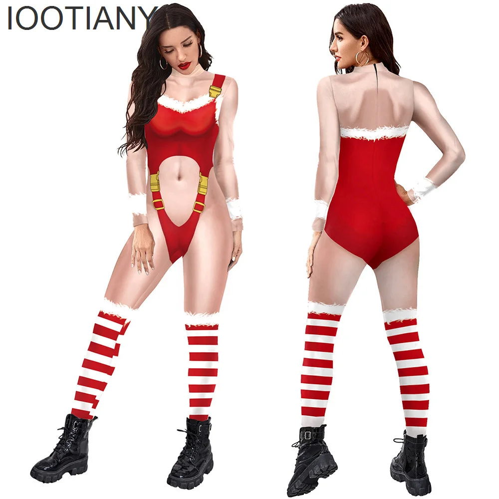 

IOOTIANY Christmas 3D Print Cosplay Costume Sexy Lace Stripe Pattern Jumpsuit Bodysuit Adult Carnival Party Clothing monos mujer