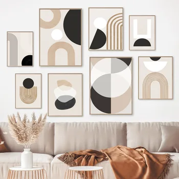 Arte Astratta Minimalista Moderna su Tela, Dipinto Murale Geometrico Beige Senza Cornice, Decorazione Bohémien Chic per Soggiorno