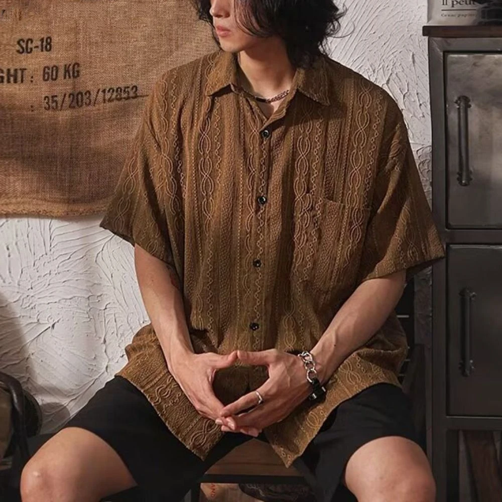 Leisure Retro Men's Floral Blouse Hollow Out Casual Short Sleeve Shirts Solid Color Loose Cardigan Shirts Men Men