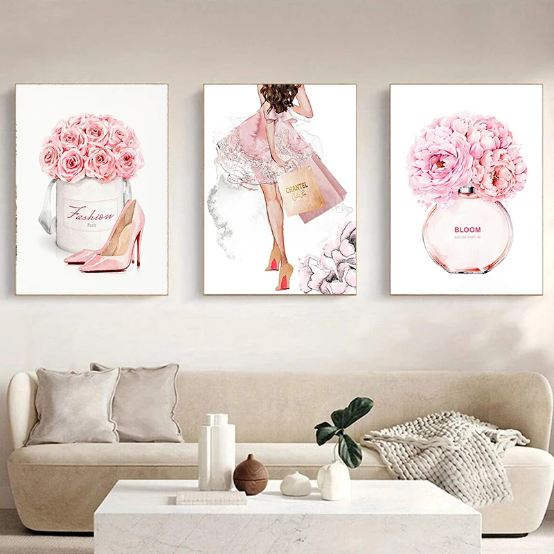 3Pcs/Set Pop Fashion Canvas Print Poster Girl Perfume Bottle Pink ...