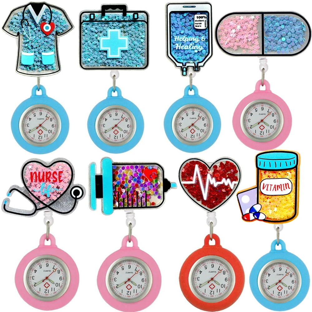 Sliding Shiny Stars Plastic Retractable Hospital Medical Icons Heart Nurse Doctor FOB Pocket Watches Clip Hang Medicine Clock pocket watch