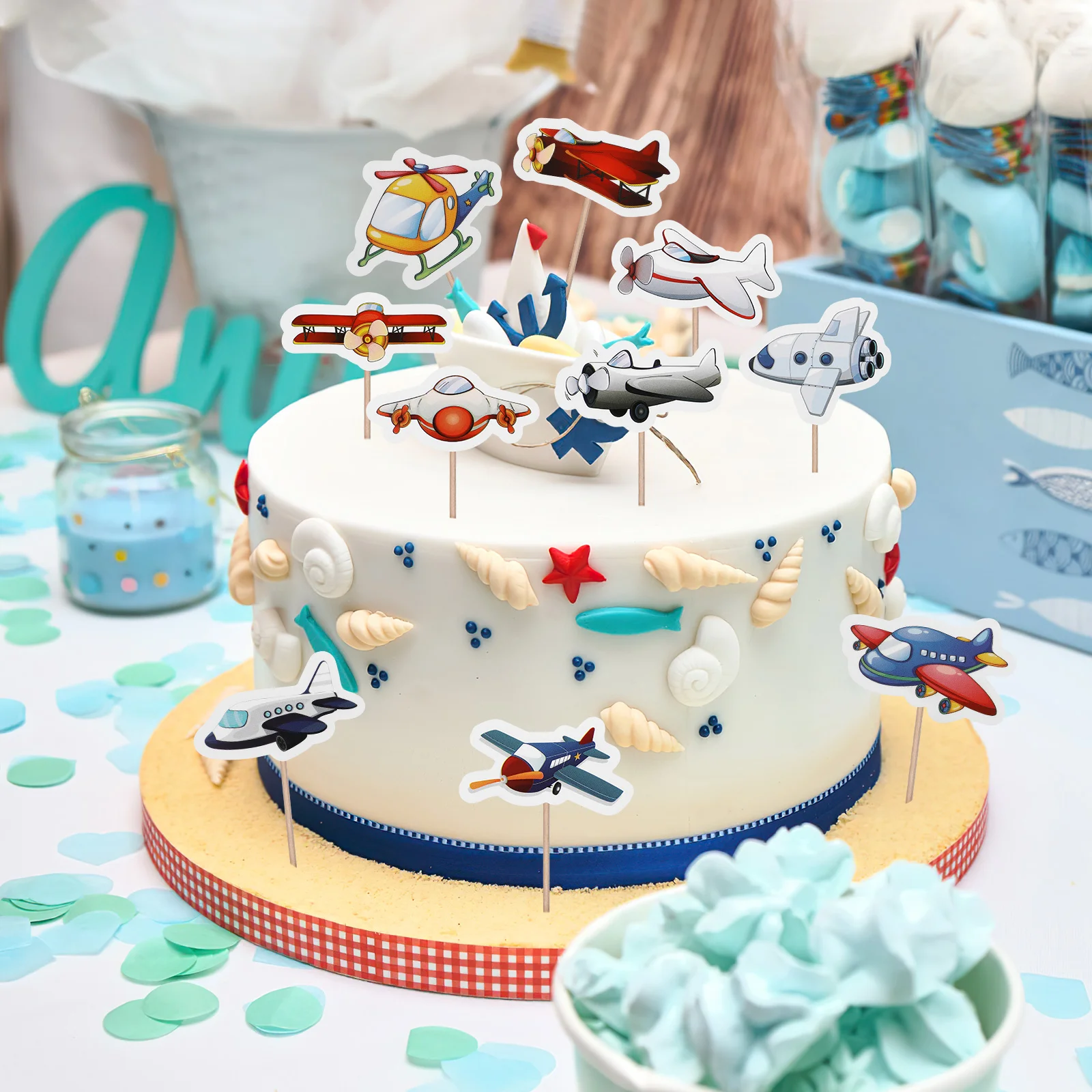 Plane Theme Birthday Decorations Cake Cupcake Picks Toy Set Toppers Airplane Wooden Child 10 Pcs