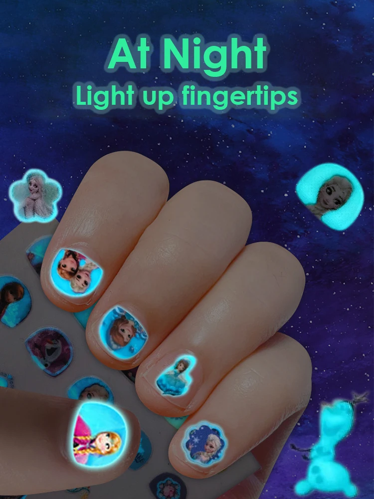 Disney Girls and Children's Nightglow Nail Stickers Ice and Snow Romance Princess Elsa Nail Stickers Cartoon Sticker Toys 3