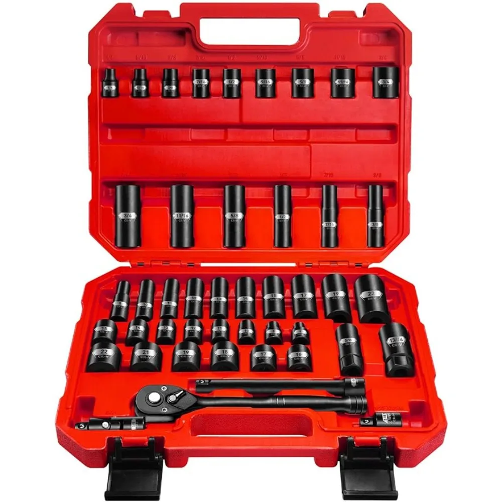 

3/8" Drive Impact Socket Set, 45 Pieces Standard SAE (1/4" to 3/4") and Metric (6-22 mm), 6 Point, 72-Tooth Ratchet Handle