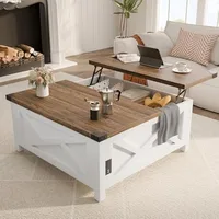 Lift Top Coffee Table, Square Coffee Table with Hidden Storage, Farmhouse Wood Table with Charging Station and Barn Door for Li 1