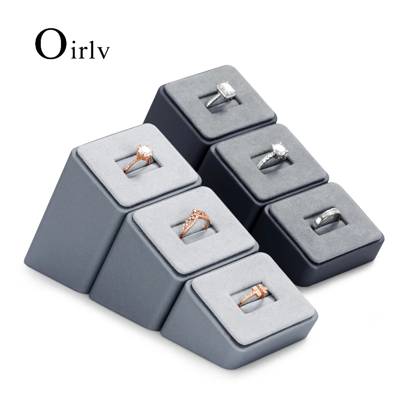 Oirlv 3pcs/set Grey PU Leather Ring Display Stand with Microfiber Ring Storage Rack Jewelry Organizer Holder Wholesale