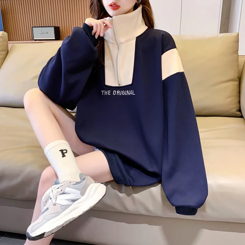 2023 Spring Autumn Sweatshirt Women Fleece Patchwork Stand Collar Sweatshirt New Fashion Loose Original Design Clothes