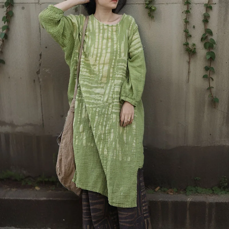 

NINI WONDERLAND Spring 2024 Ramie Cotton Casual Dress Autumn Green Stripe Batwing Sleeve Loose Dresses Mori Grils Robe Dress