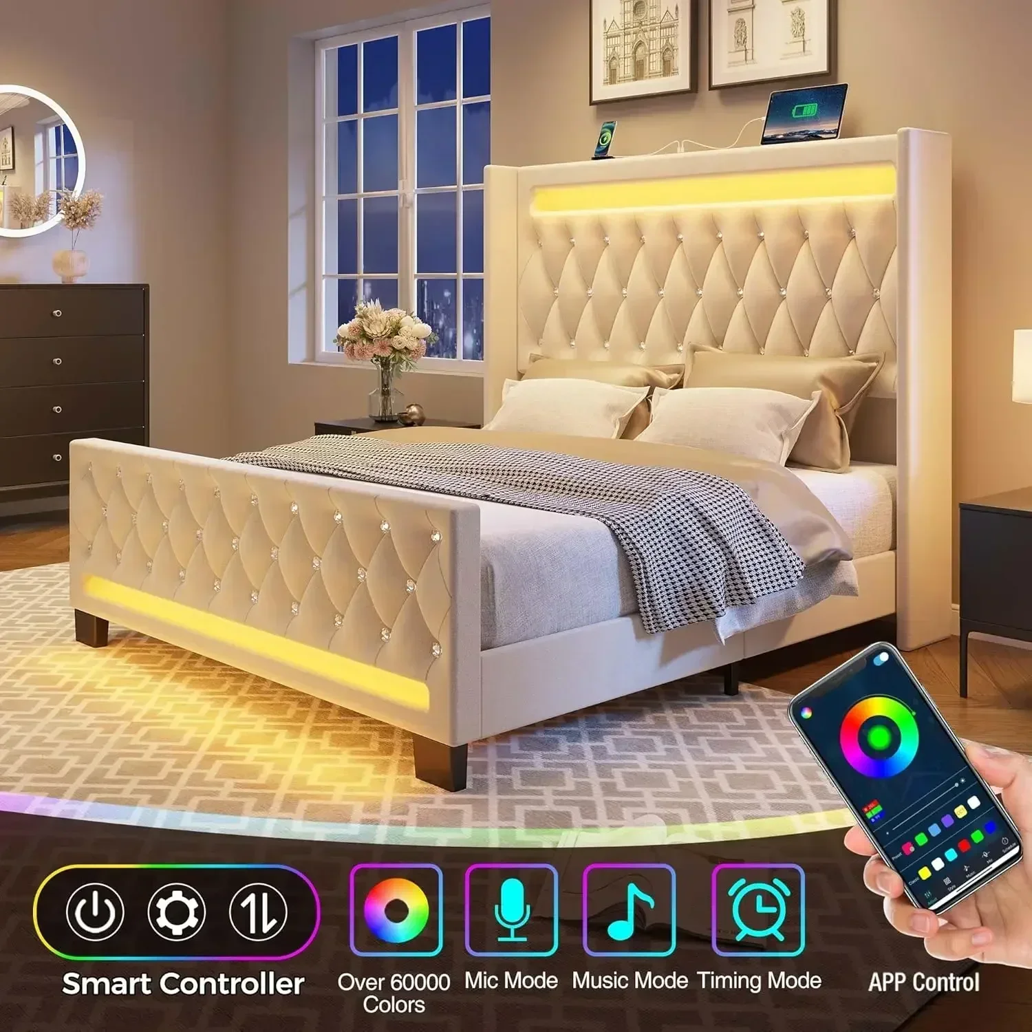 NEW-Queen Bed Frame with LED Light and Charging Station, Upholstered High Headboard and Footboard, Wood Slats, Noise Free