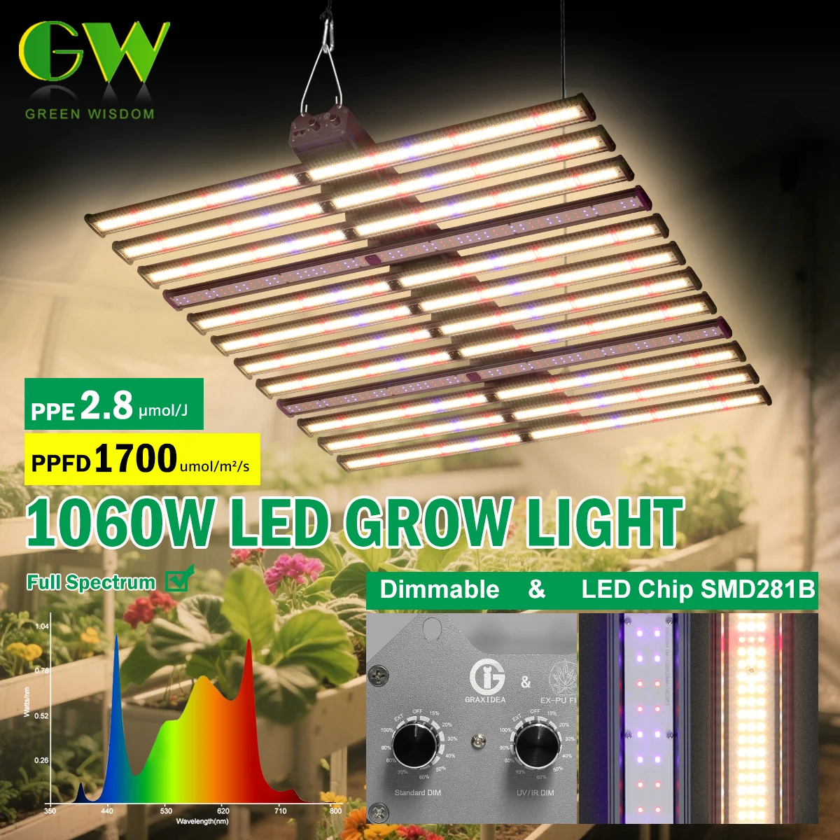 Full Spectrum 1060W AC100-277V IP65 Waterproof Dimmable LED Chip SMD281B Easy Installation LED Grow Light