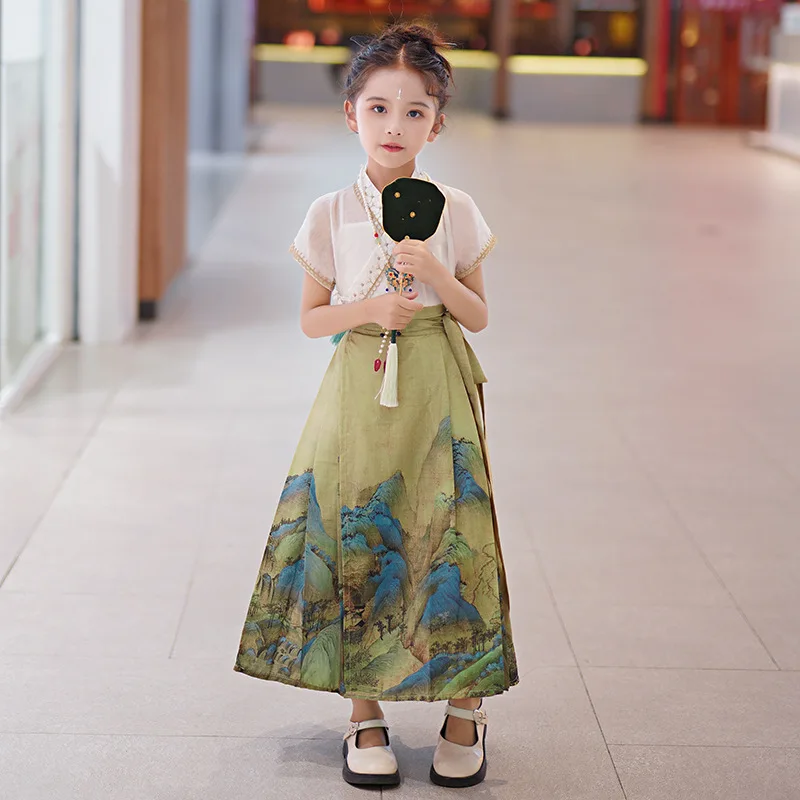 

Yourqipao Summer QianLiJiangsShan Kawaii White Short Sleeve Top Green Printed Horse Face Skirt Chinese Hanfu Suit for Girls