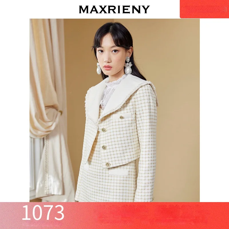 Maxrieny 우아한 짧은 코트 2022 가을 세일러 칼라 당초 패브릭 Gewen 코트, 짧은 탑 슬리밍