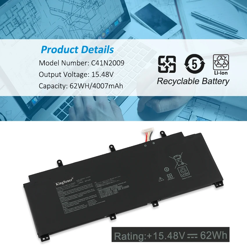 Bateria do Portátil para Asus Rog Flow X13 Pv301 Pv301qh Gv301 Gv301q Gv301qc Gv301qe Gv301qh Gv301ra Gv301rc 62wh Kingsener-c41n2009 - Imagem 2